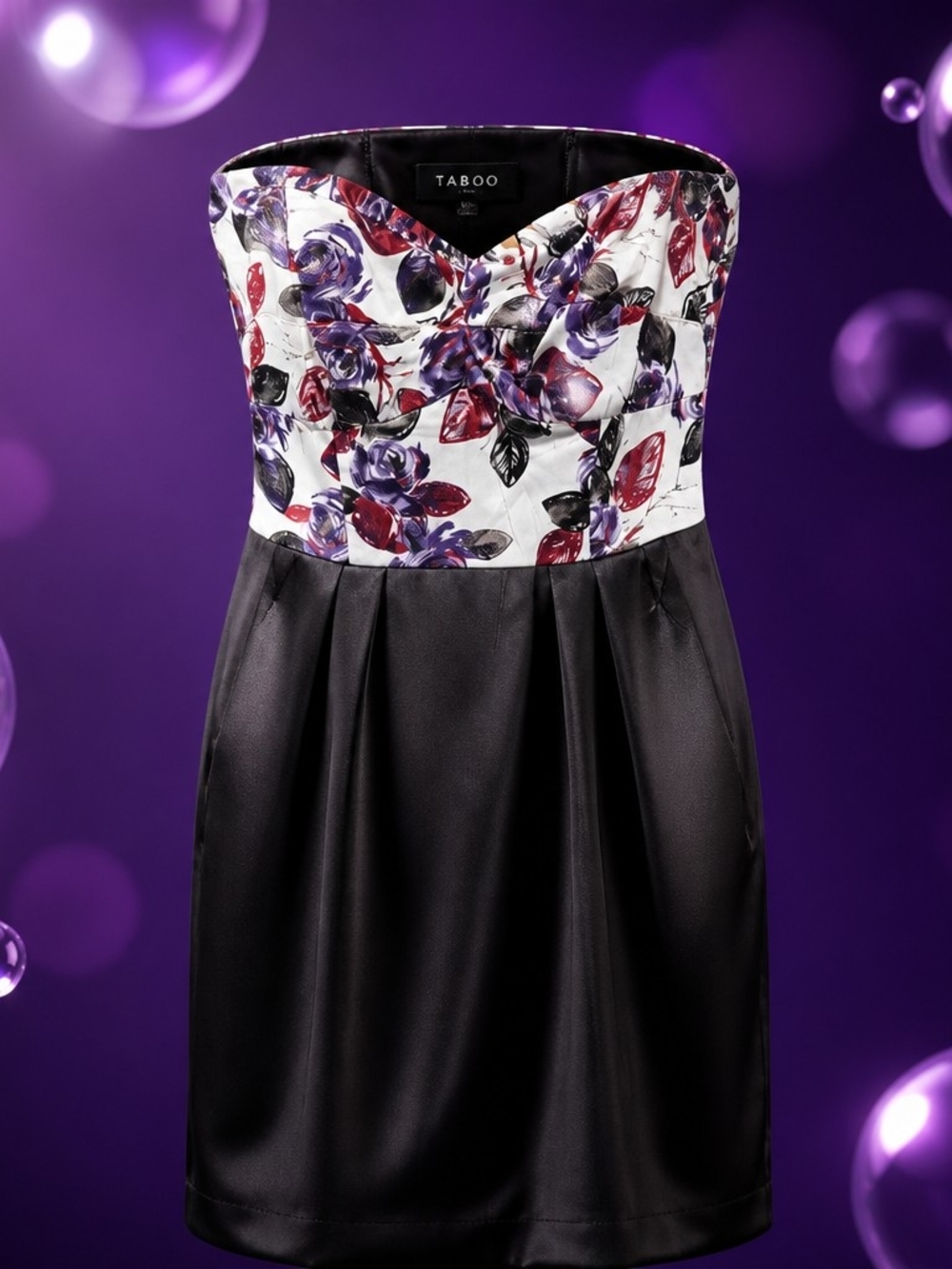 Vintage Strapless Floral Homecoming Party Dress Medium Black Purple White 4066